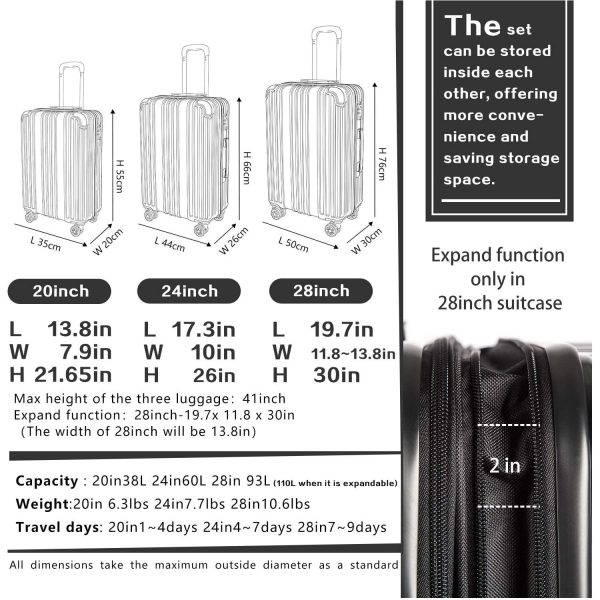 Luggage Expandable Suitcase PC+ABS 3 Piece Set with TSA Lock Spinner Carry