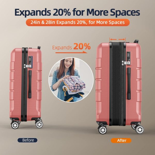 SHOWKOO Luggage Sets Expandable PC+ABS Durable Suitcase Sets Double Wheels TSA Lock Pink 3pcs