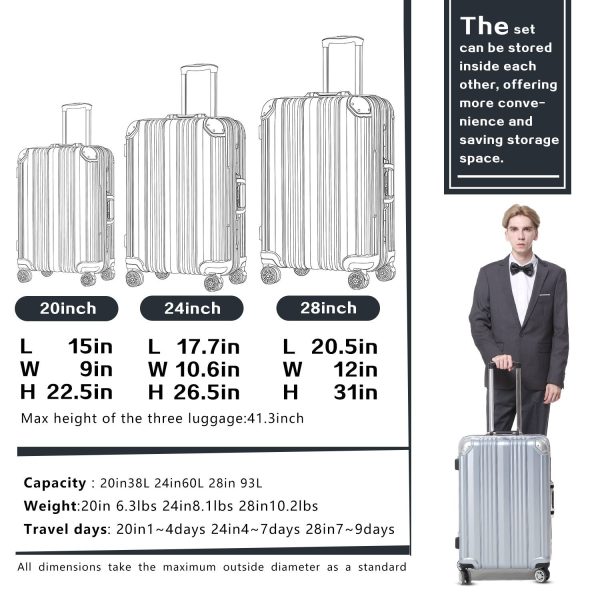 Luggage Aluminium Frame Suitcase 3 Piece Set with TSA Lock 100% PC