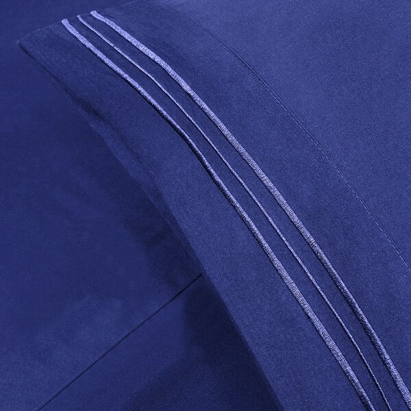 4 PC Dark Blue Sheet Set 2000 Embroidery Soft Cozy 12" Deep Pocket