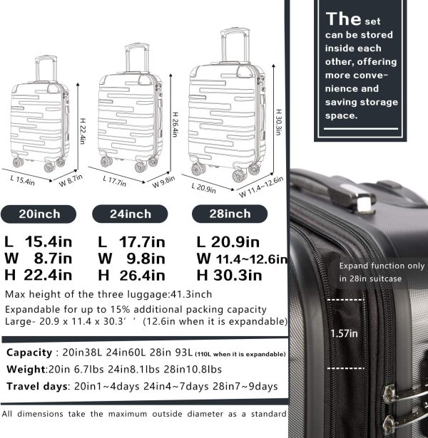 Luggage Expandable Suitcase 3 Piece Set with TSA Lock Spinner 20in24in28in