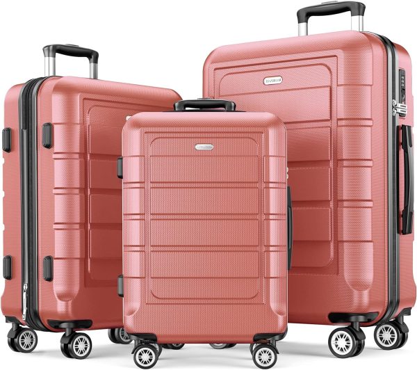 SHOWKOO Luggage Sets Expandable PC+ABS Durable Suitcase Sets Double Wheels TSA Lock Pink 3pcs