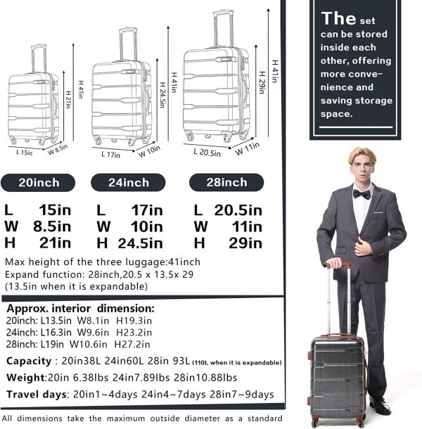 Luggage Expandable 3 Piece Sets PC+ABS Spinner Suitcase Built-In TSA lock 20 inch 24 inch 28 inch